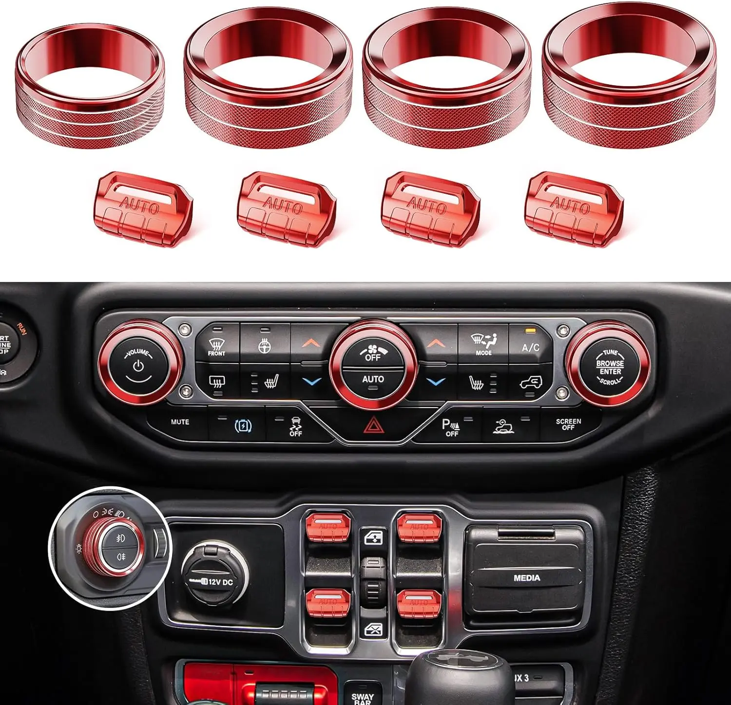 [BackToSchool]8PCS Metal Button Knob Cover for Jeep Wrangler JL JLU 2018-2025 & Gladiator JT Accessories Window Switch Button Cover Volume Radio Air Conditioner Headlight Switch Knob Cover (Red)