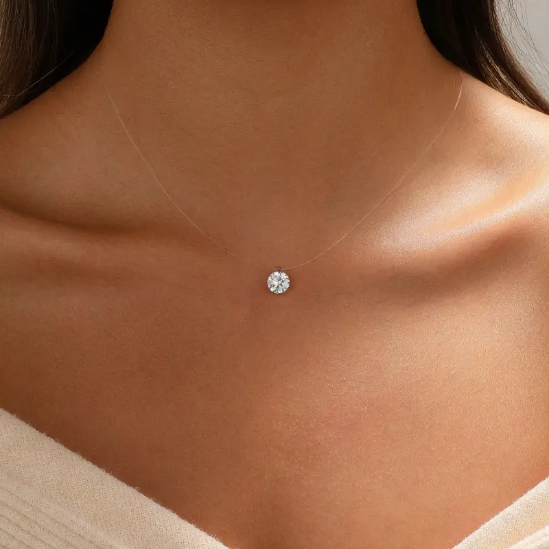 Tasiso Women's Floating Cubic Zirconia Pendant Necklace on Invisible Transparent Cord, Minimalist Choker Adjustable Length, Everyday Layering Jewelry, For Woman,Gift,summeroutfits,vacationoutfits,beachoutfits,Thick Clear Invisible Fishing Line