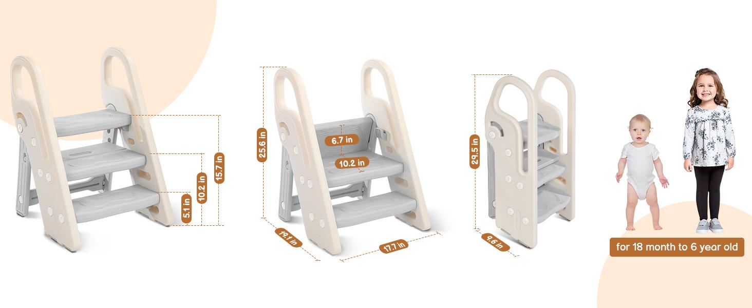 Dripex Foldable 3-Step Stool with Handles, Adjustable Toddler Step Stool for Bathroom Sink, Potty Training & Kitchen Helper Plastic Ladder for Kids