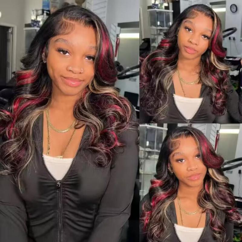 Body Wave Black Red Blonde Highlights Human Hair Wig  Transparent Lace Frontal Wigs Pre Plucked with Baby Hair 180% Density Blonde Red Highlights Wig 13X4 Pre Plucked Lace Front Wig