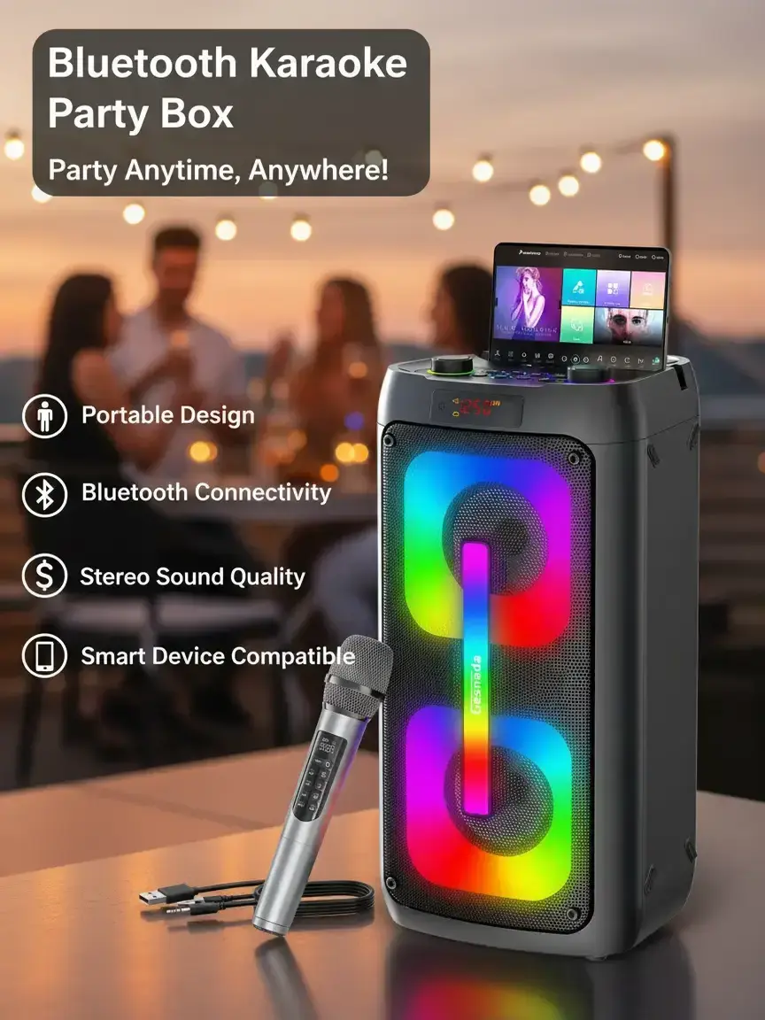 60W High-Power Portable Rechargeable True Wireless Bluetooth Bass Karaoke Machine Speaker with 2 Wireless Mics, Disco Lights, PA System, Aux Input, Smartphone Compatibility, Batteries for Camping, Game Party, Music Setup (Ideal for Friends), Watch Party