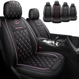 PU Leather Car Seat Covers with Crown Embroidery - Black & Pink Stitching - Premium Quality for Enhanced Comfort