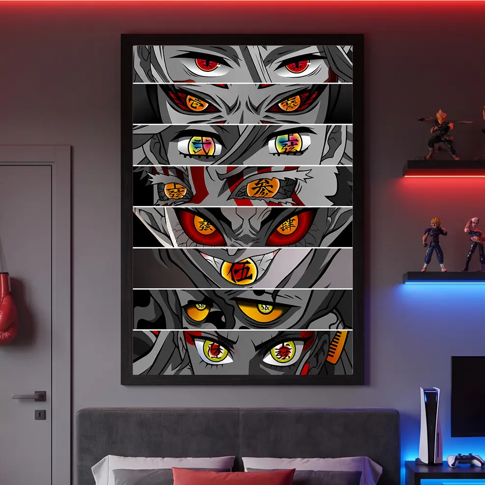 Demon Slayer Upper Moon Demon Rank Eye Collage Canvas Wall Art Print, for Living Room Dorm Bar Gifts for Fans