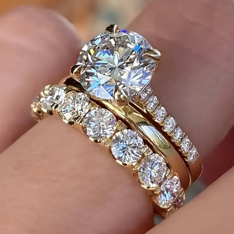 Gorgeous 3Pcs Set of Rings Female Luxury Shiny Round Zirconia Finger Jewelry Fashion Gold Color Accessories for Wedding