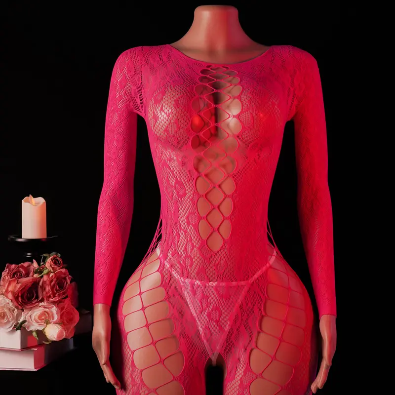 Women's Elegant Lingerie Fishnet Bodystocking - Long Sleeve Crew Neck Nylon Blend Underwear for Women, Pull-On Transparent Sheer Mesh Event-Ready Nightwear for Anniversary, Cold Wash Hand Wash