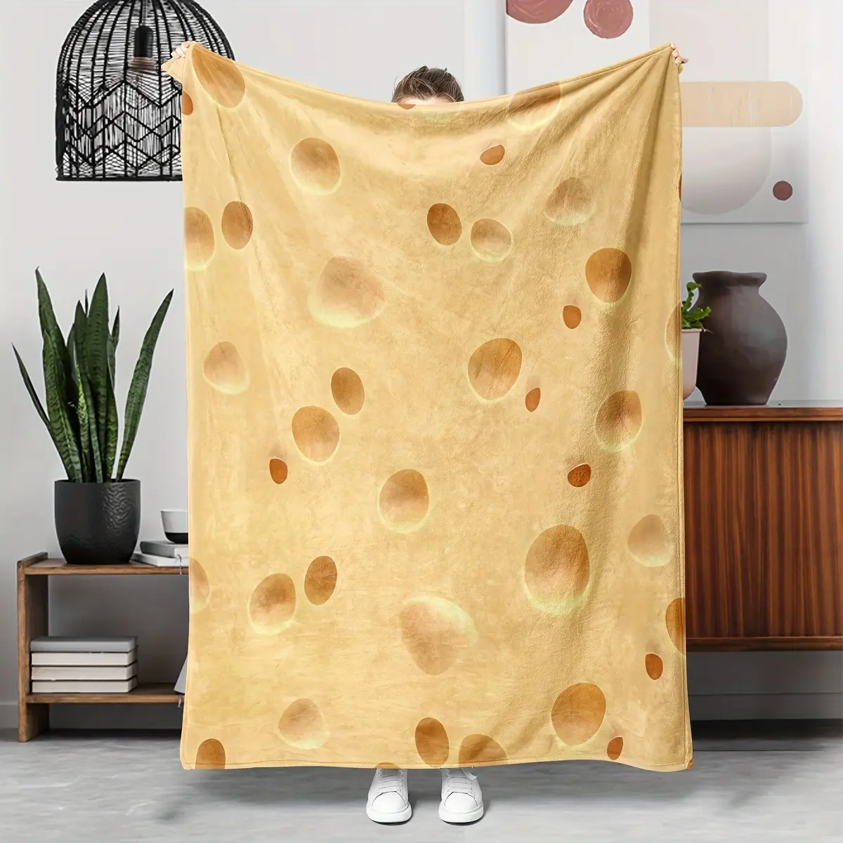 Funny Swiss Cheese Holes Printed Flannel Cozy Throw Blanket - Soft Fluffy, Durable All-Season Warm, Machine Washable Decorative Blanket for Bedroom Sofa, Ideal Gift for Cheese Lovers, Decorative Blankets