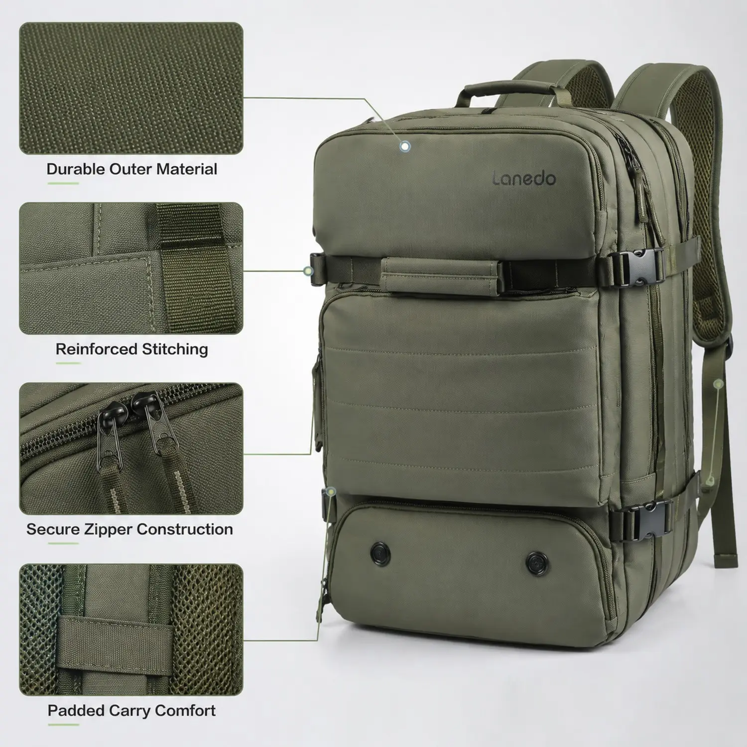 Military-Green Expandable Large-Capacity Laptop Backpack - Flight-Approved Carry-On, Water-Resistant, Multi-Pocket Home Organizer Bag for Men, Ideal Holiday Gift