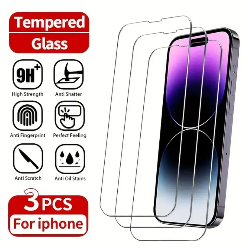 3-Pack HD Clear Tempered Glass Protective Screen Protector, Phone Screen Protectors, Compatible with iPhone 17 16 15 14 13 12 11 Pro Max, Smartphone, Full Coverage, 9h Hardness, Bubble-Free, Installation