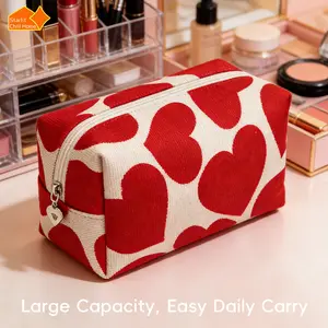 Cute Heart Shaped Corduroy Makeup Bag, Ultra Soft Puffy Cosmetic Pouch, Portable Zipper Travel Storage Organizer, Aesthetic Aesthetic Bag for Daily & Holiday Use,summervibes