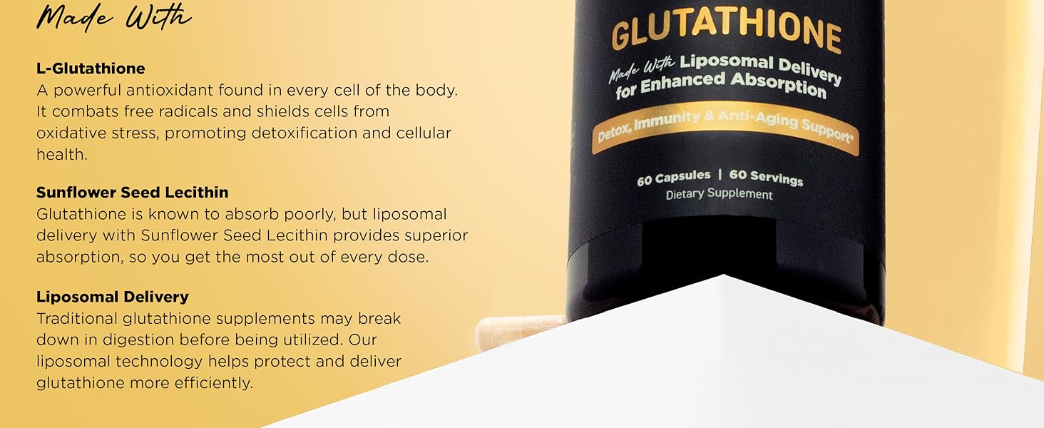 Glutathione Supplement - 500mg L-Glutathione per Serving - Made with Liposomal Delivery for Max Absorption - Detox, Immunity, Anti-Aging Support - Non-GMO - 60-Day Supply, 60 Capsules