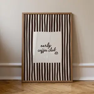 Early Coffee Club Print, Coffee Bar Decor, Brown Striped Wall Art, Aesthetic Kitchen Poster