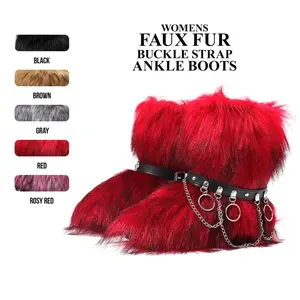 Faux Fur Mid Calf Boots for Womens Fashion Buckle Strap Trendy Warm Comfortable Plush Snow Booties for Party Outdoor Walkies Chilly Day Booty
