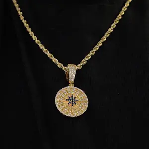 Gold Plated Compass Pendant Necklace, 24in Rope Chain & Link, 5A Iced Out Bling Hip Hop Jewelry, Cuban Link Design, Daily Fashion Accessory