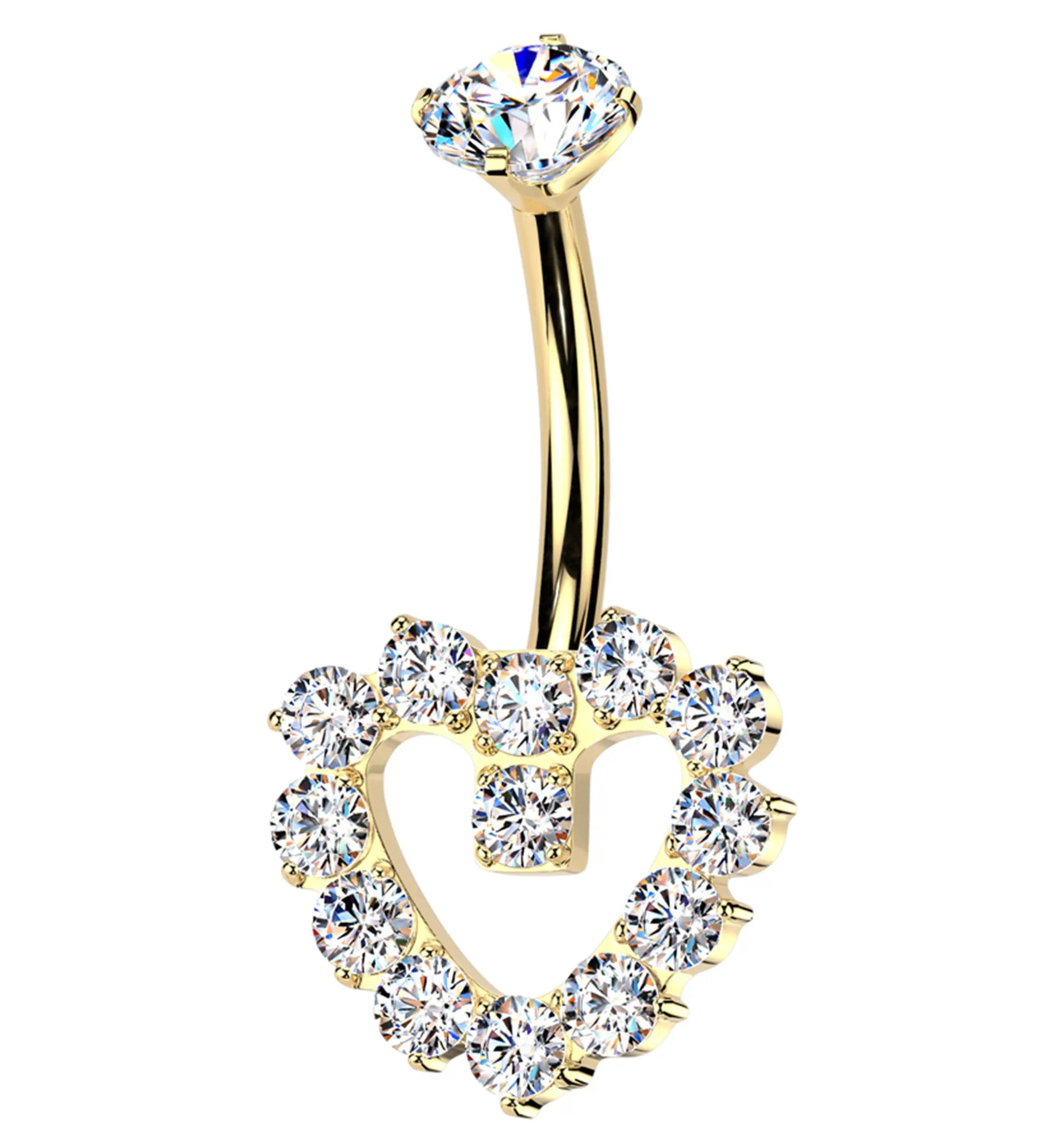 Gold PVD Hollow Heart Clear CZ Titanium Internally Threaded Belly Button Ring