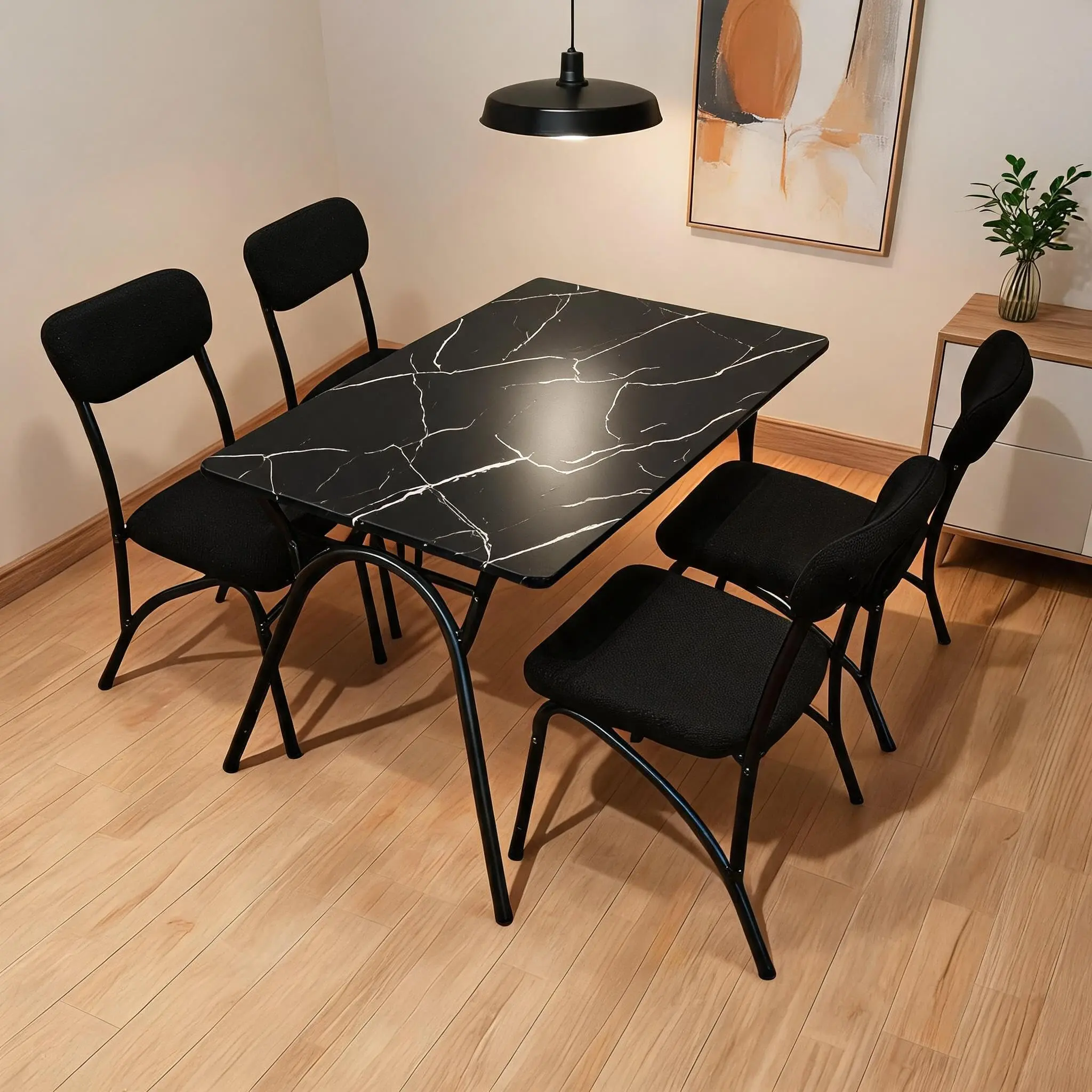 Funcionalidad moderna y estilo – Juego de comedor para 4 – Mesa de cocina con encimera de mármol sintético, estante abierto para almacenamiento, 4 sillas tapizadas, ideal para apartamentos o cocinas pequeñas
