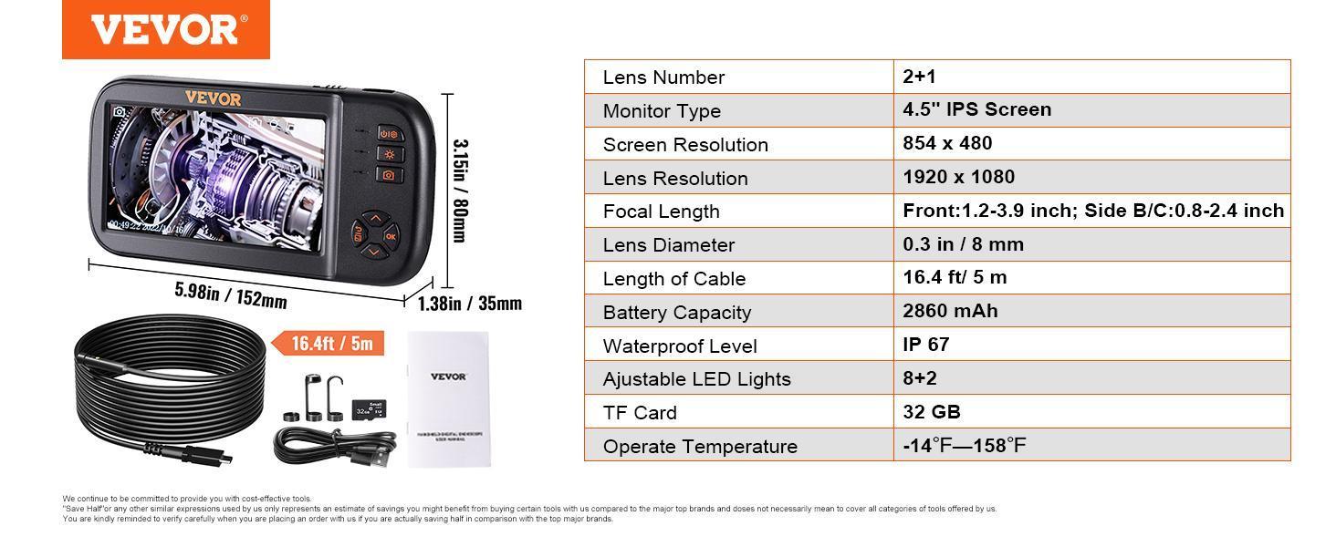 VEVOR Endoscope Camera Borescope Inspection Camera Triple Lens 4.5" IPS Accessories Mobile