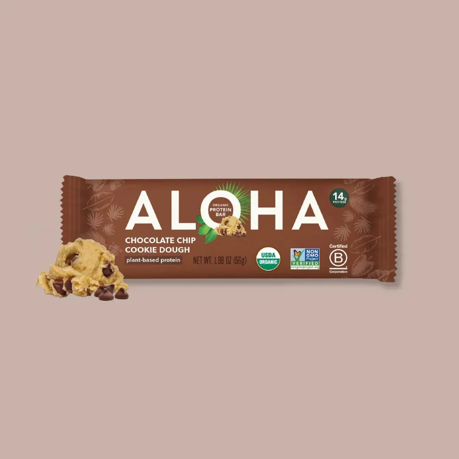 ALOHA Chocolate Chip Cookie Dough Protein Bar | 12 Bars | 14g Plant Protein, 3g Sugar | Certified USDA Organic, Vegan, Gluten-Free | Tastes Like Dessert + Healthy Snack