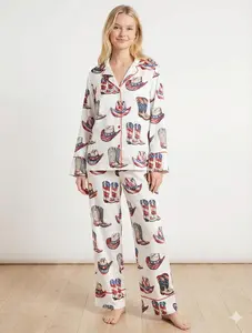 4th of July Patriotic Western Cowgirl Long Sleeve Satin Pajama Set – Red, White & Blue Cowgirl Sleepwear, Perfect Independence Day Gift