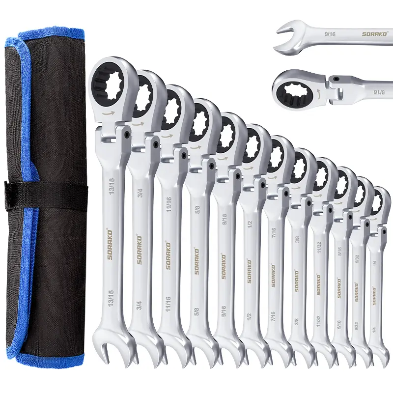 12PCS Ratcheting Wrench Set Flex Head, SORAKO SAE Combination Ratchet Wrench kit, 1/4″ - 13/16″ Chrome Vanadium Steel Wrenches wrench set Hand Tools Flexible Combination Wrenches