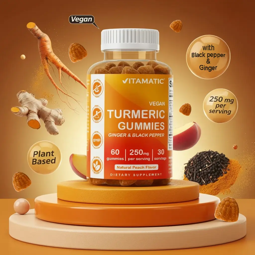 Vitamatic Natural Turmeric Ginger Gummies with Black Pepper Extract - 95% Curcuminoids, Peach Flavor, 60 Vegan Non-GMO Herbal Health High Potency Dietary Supplements for Self Care, Health Supplement, High Potency Supplement