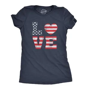 Womens Love American Flag T Shirt Cute Patriotic Red White and Blue Tee Funny Womens T Shirts Cute Vintage Fashion Casual Ladies T-Shirt Gift Patriotic Tops for Women Women's Novelty Tees Navy -