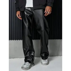 Street style PU leather black boot shaped casual pants, boyfriend gift, street loose black pants, men's zipper