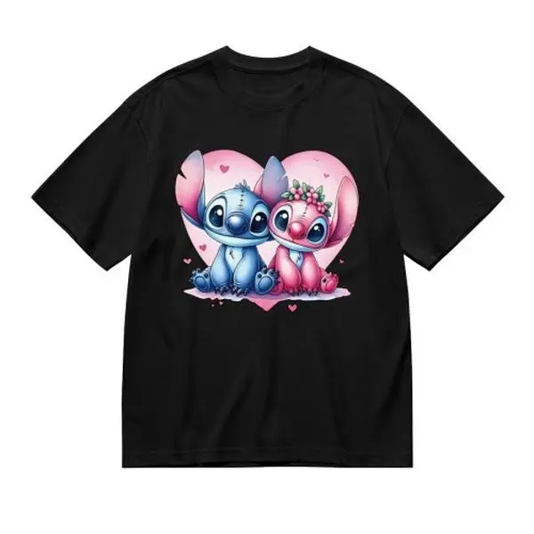 Disney Stitch & Angel Pastel Heart Couple T-Shirt, Rooftop Movie Screening Top For Low-Key Romantic Youth