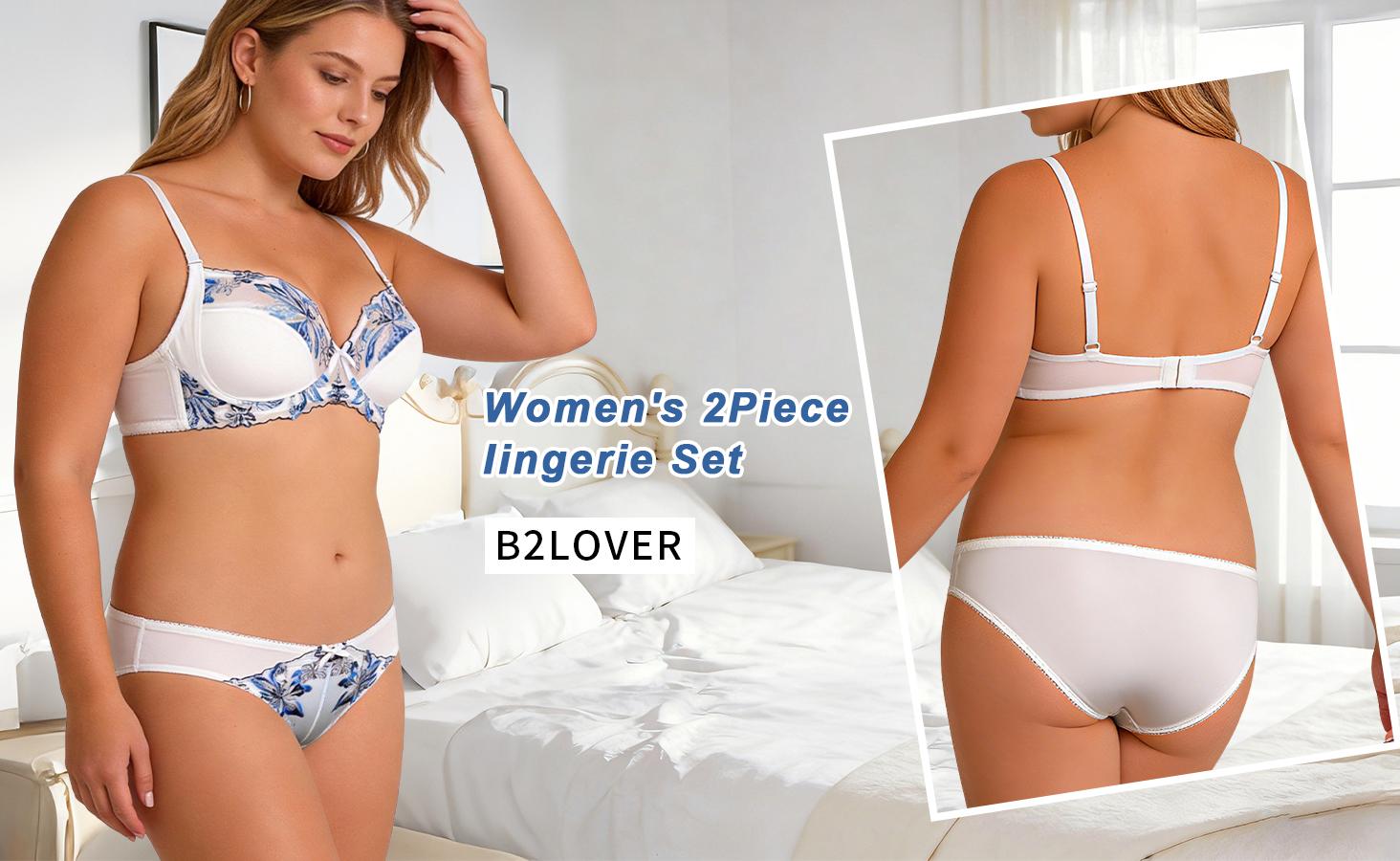 B2LOVER Embroidered Floral Bra Sets Sexy V Neck Bra 2 Piece Sets Uplifting Support Anti-Sagging Breathable Adjustable Straps Women's Bra Set Daily Elegant Fit Womenwear