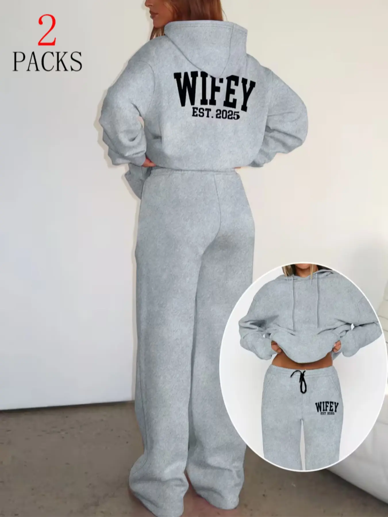Women's Casual Loose Hoodie & Sweatpants Set, Wifey Graphic Print, Drawstring Waist, Long Sleeve, All-Season Comfort, Casual Streetwear, Home Pants Set, Hooded Sweatshirt Set