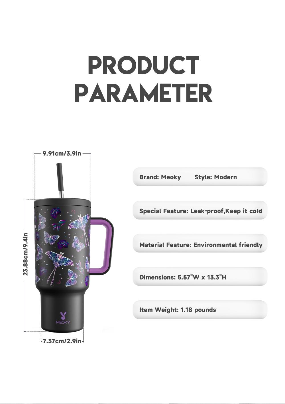 【Meoky 】 40 oz Insulated Mug, keeps drinks cold all day,  Stainless Steel Insulated Tumbler with Lid and Straw -  Leak Proof Tumbler for Car Cup Holders - Travelers Commuters Workers.