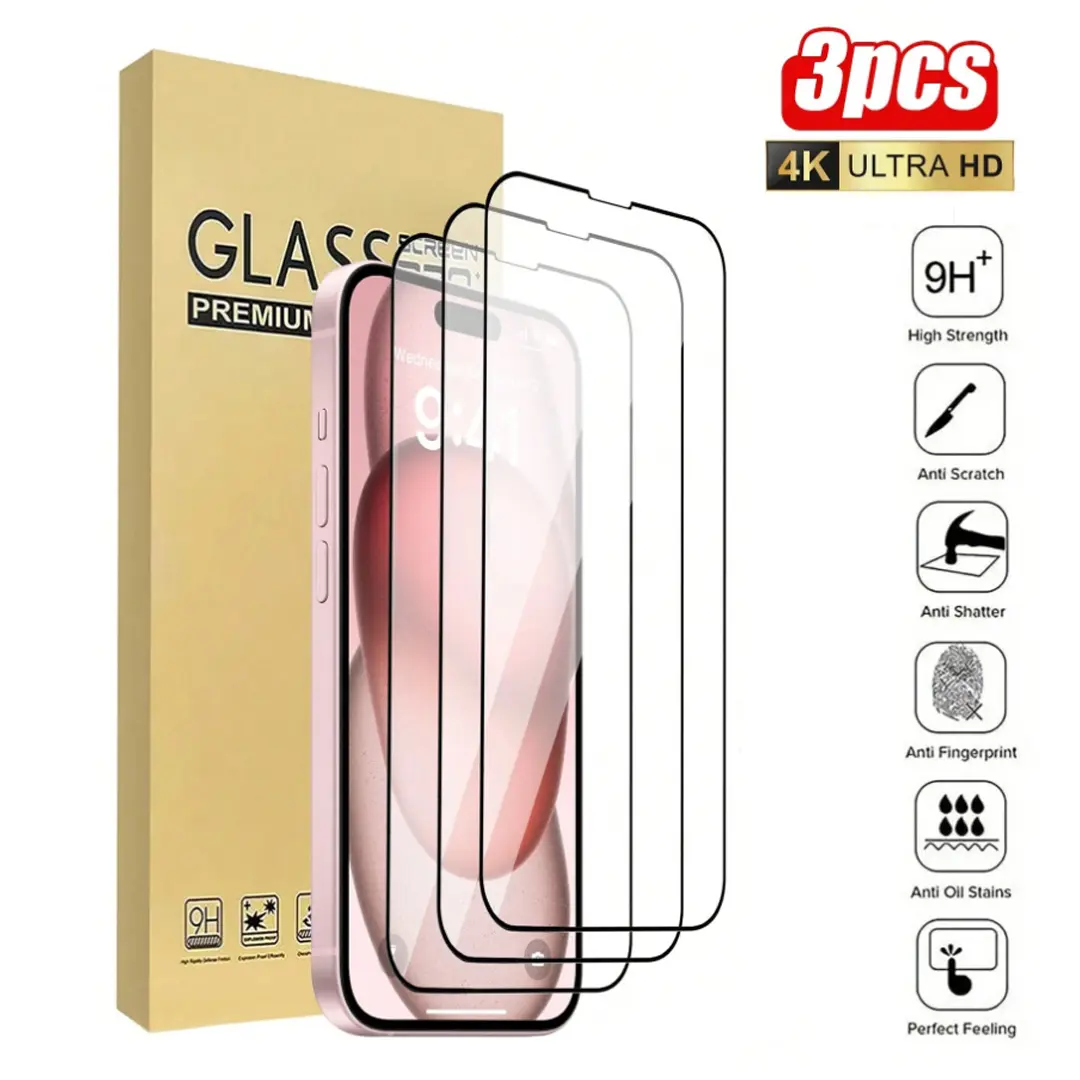 3Pcs Tempered Glass Screen Protector for iPhone (17 Air,16e,16 Pro Max,15,14,14 Pro,14 Plus,13,13 Mini,12,11,SE,X,XS,7,8) - Smartphone Cellphone Handheld Devices Accessory, Waterproof, Shockproof, Anti-Fall, Scratch-Resistant