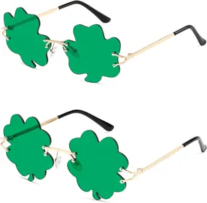 St. Patrick's Day Shamrock Sunglasses Green Four Leaf Clover Rimless Leprechaun Costume Glasses Irish Party Decoration 2pack PT0317 (Four-Leaf Clover+Shamrock)