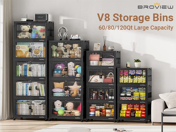 Broview V8 360Qt/480Qt/600Qt Stackable Storage Bins with Lids, Extra Large Closet Organizer Collapsible Drawer Boxes with Wheels, Folding Plastic Cabinet Containers for Home Kitchen Room Organization