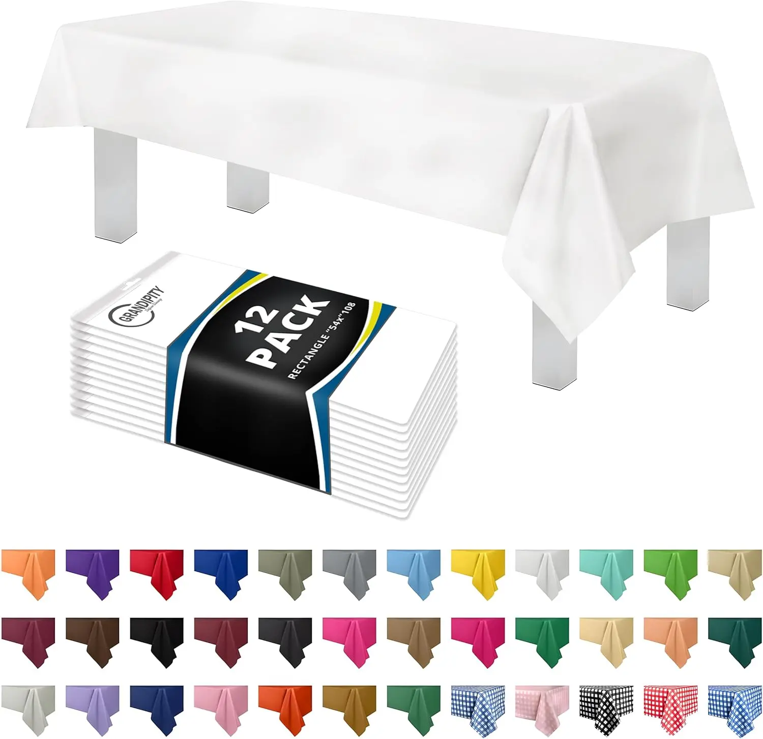 Grandipity Plastic Table Cloth Disposable 12 Pack 54” x 108” Rectangle | White Plastic table covers, durable disposable tablecloths, fade and tear-resistent table cover for party, event