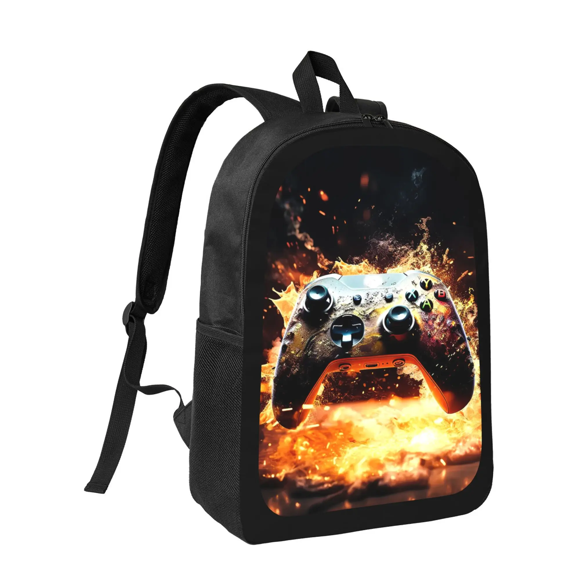 Gaming Backpack with Dual Controller Graphic - Large Capacity School Bag, Lightweight Laptop Backpack with Adjustable Shoulder Straps, Zipper Closure - Durable Bookbag for Teens, Gamers, College, Travel - Boys & Girls (Black/Orange Flame Design), Backpack