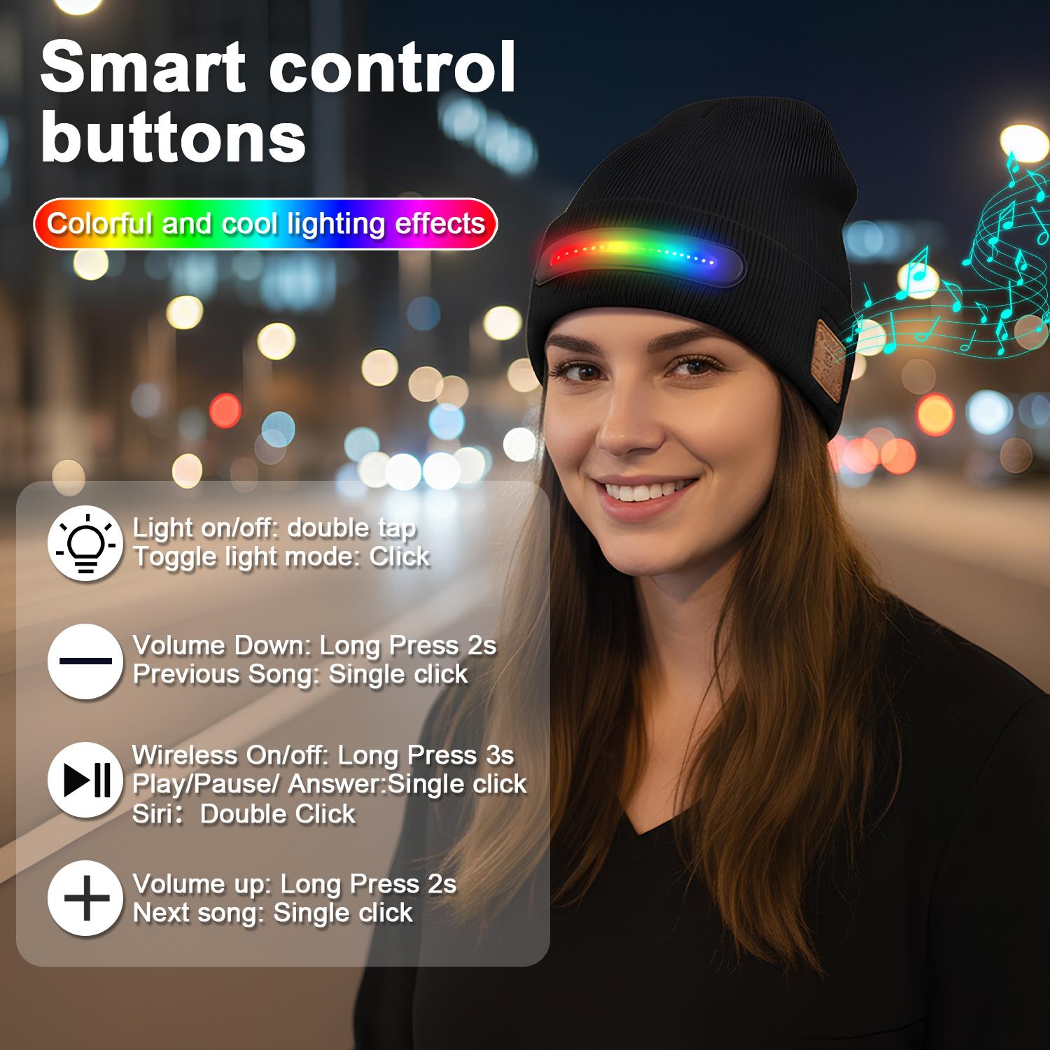 Bluetooth Beanie with a Light, Unisex USB Rechargeable 4 LED Fashlight Hat with Cordless Headphones, Unique Christmas Gifts - Black