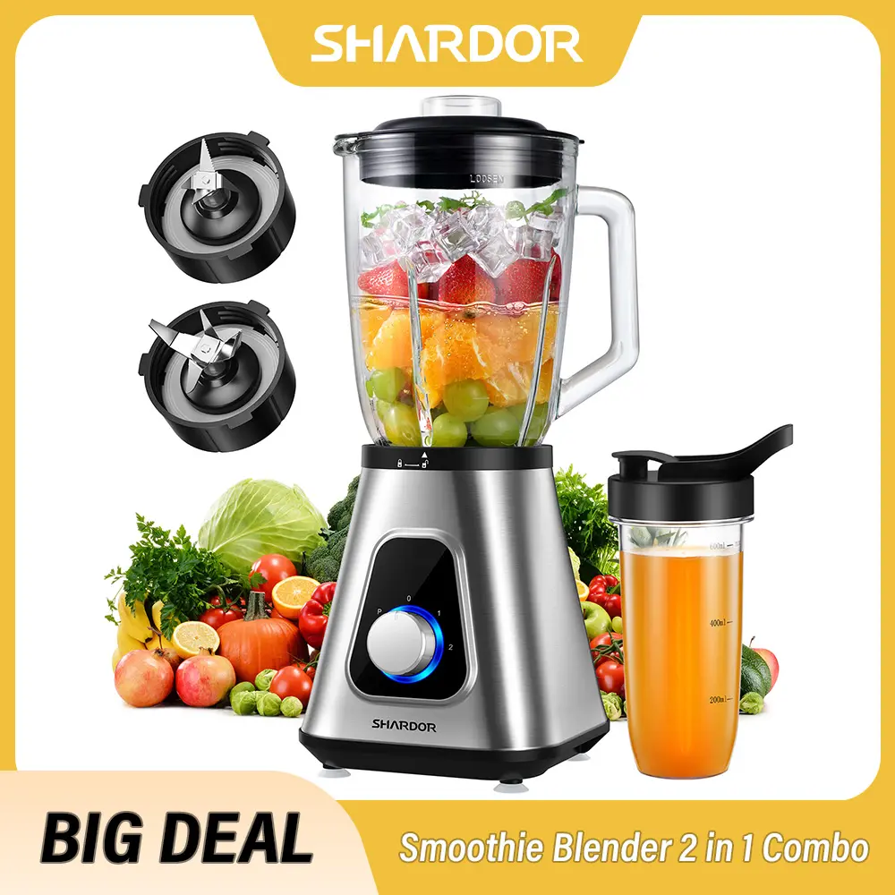 SHARDOR Powerful Countertop Jug Blender - 1200W, 52oz Stainless Steel Main Jar with Lid, 22oz Jar, 3 Speed Settings, Self-Cleaning, Leakproof Ice Crusher, US Plug, Portable Blenders for Family Use Smoothies, Easy Healthy Recipe Prep, Durable