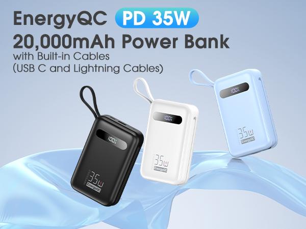 20000mAh 35W Power Bank – Built-in Cables, PD 3.0 & QC 4.0 Fast Charging, 4 Ports, LED Display, TSA-Friendly