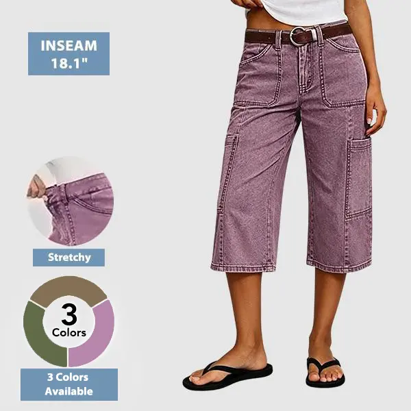Flamingals Stitch Detail Side Pocket Mid Waist Straight Leg Capri Pants Summer Vibes Stretchy 18.1" Inseam Casual Bottoms