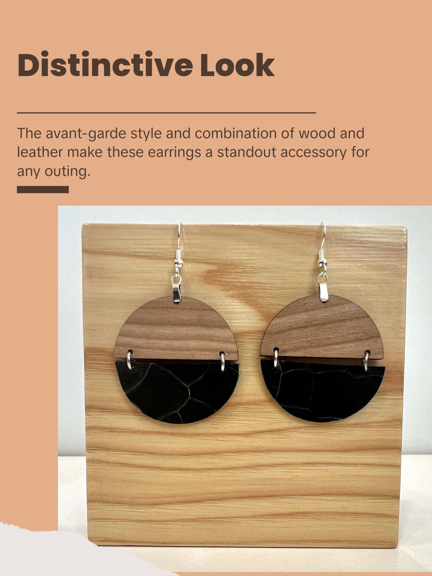 Black Dragon Scale Genuine Leather and Cherry Earrings Silver S925 clamp style hooks