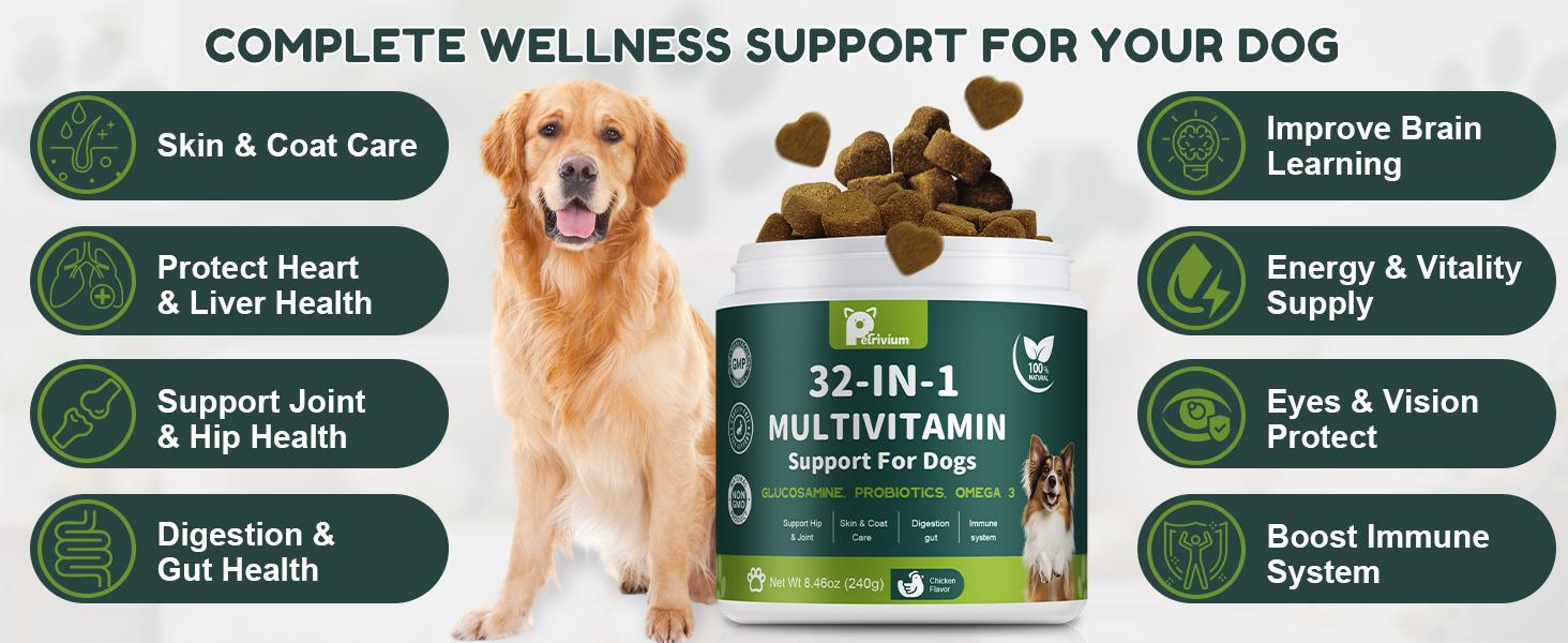 2Pack-Dog Chewable with Glucosamine & MSM, Omegas 3 & 6, Probiotics, Dog Vitamins and Supplements for Hip & Joint Health, Skin & Coat, Immune Boost & Overall Natural Health 120 Soft Chews cat Multivitamin