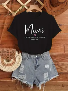 Women's "Cool Grandma Style" Pattern T-Shirt - Black cotton casual short-sleeve round neck, breathable machine washable, suitable for all-season outdoor & daily wear, skin-friendly, practical & stylish