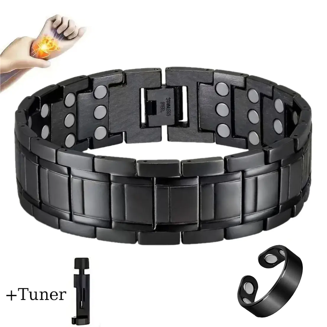 Men's 3-Row Strong Magnetic Wearable Casual Bracelet Set - Lymphatic Drainage Ring, Adjustable Sizing Tool, Black Costume Jewelry, Ideal Male Gift, Ideal Gift