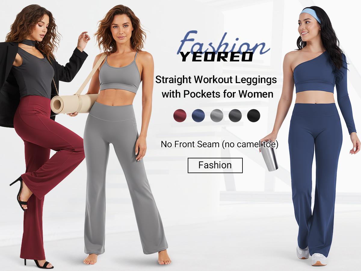 YEOREO Straight Leggings with Pockets for Women No Front Seam Workout Leggings High Waist Wide Leg Yoga Pants - 29"/ 31.5"