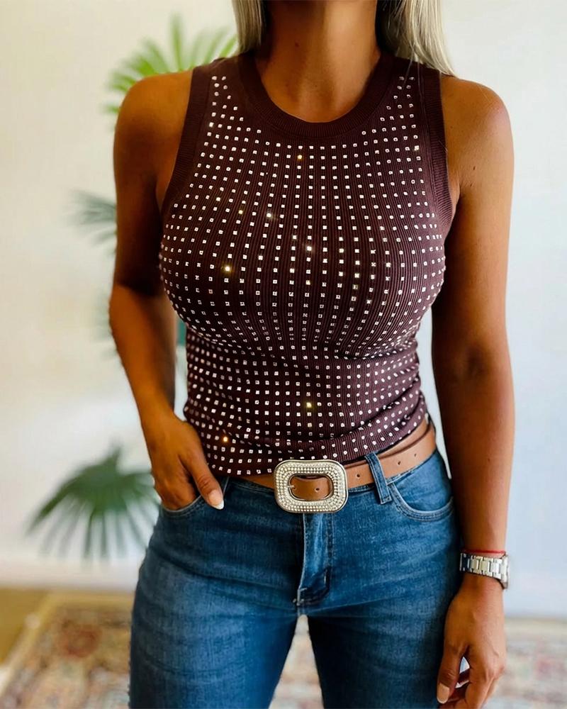 ChicMe Women's Rhinestone Decor Ribbed Tank Top - Slim Fit Sleeveless O-Neck Summer Top 2026 summervibes