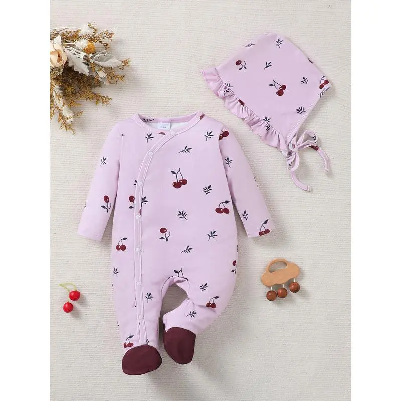 Ready Stock 0-9M Newborn Baby Girl Cherry Print Single Breasted Design Footed Romper & Hat 2-Piece Set 42512001