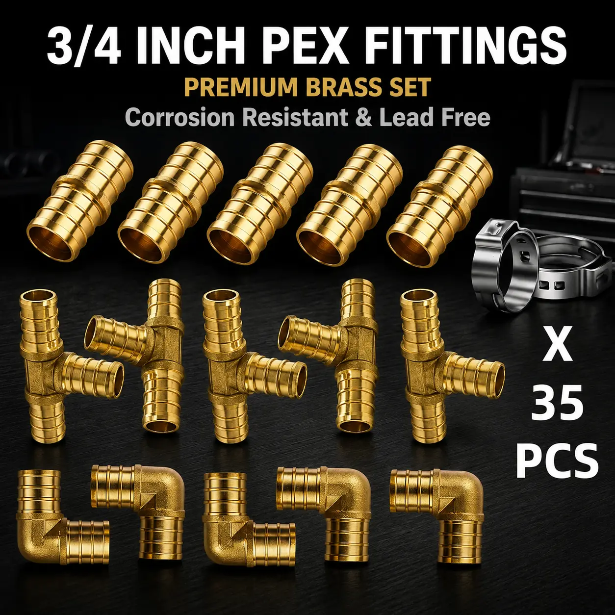 1/2 Inch Lead-Free Brass Barb Crimp Pipe Fitting Set for PEX Tubing, 1/2" Crimp-Fit Compatible Stainless Steel Single Ear Cinch Clamp Set