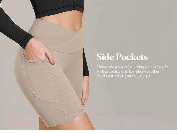 ODODOS Cloud Feeling Cross Waist Yoga Shorts with Pockets for Women, 6" Crossover High Waist Lounge Biker Shorts