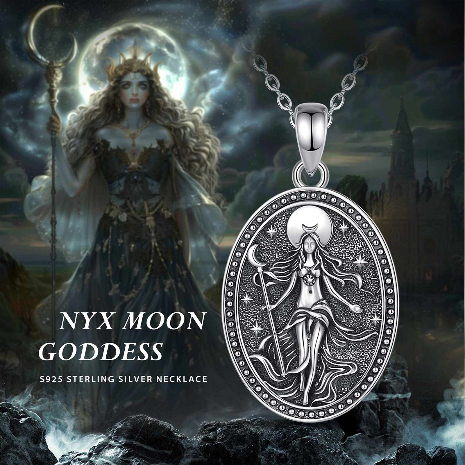 Eudora S925 Sliver Nox Goddess Necklace, Double Side Greek Mythology Feminine Pendant, Goddess of Night Protection Amulet for Women, Celestial Moon Stars Jewelry Nyx Hypoallergenic