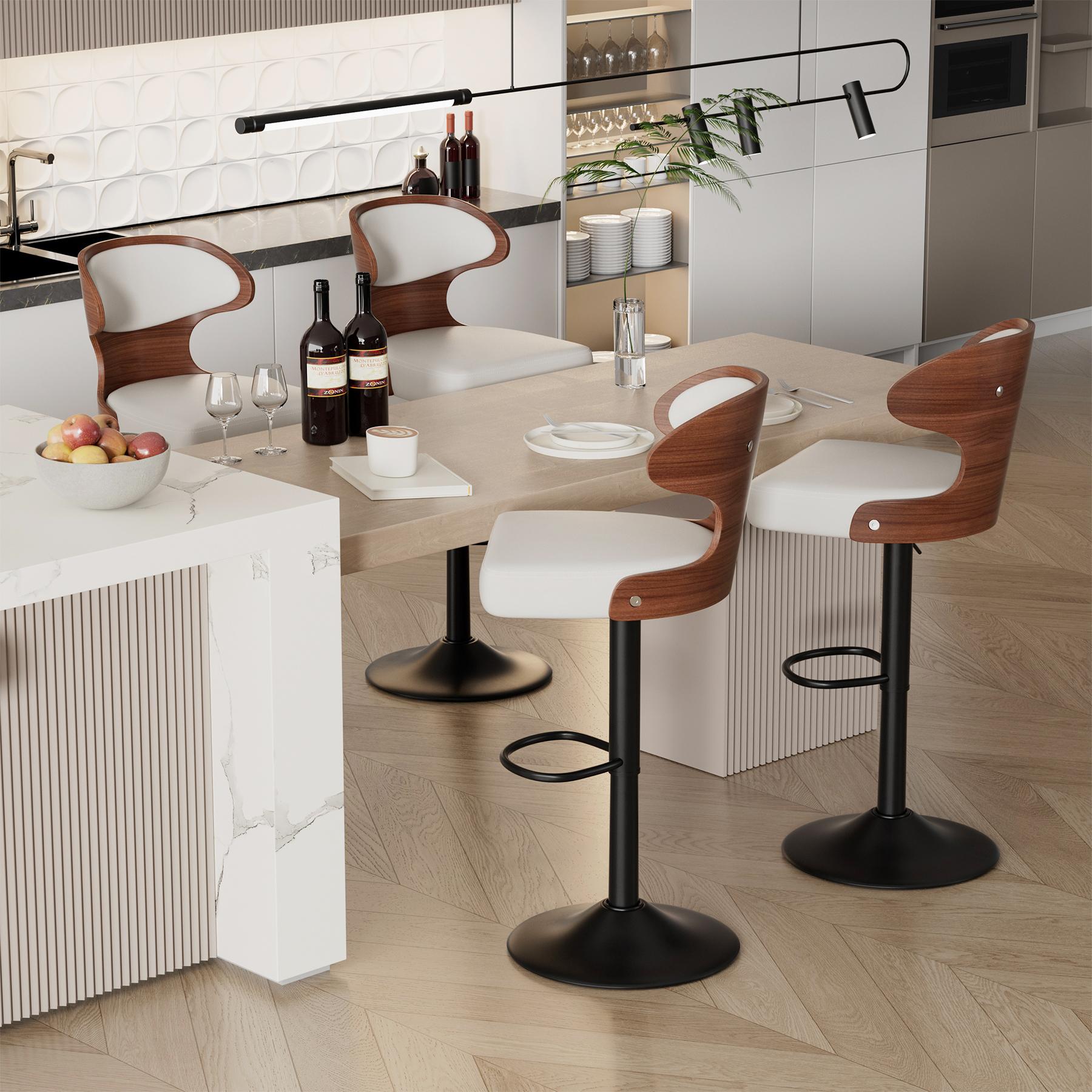 Bar Stools Set of 2 Seat Adjustable Height 24.5-33.5IN - Bentwood Swivel Barstools with Back & Footrest - PU Leather Upholstered Bar Chair for Bar, Kitchen, Dining Room